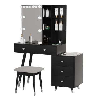 Vanity Set with Stool, Black Vanity Desk with Mirror, 5 Drawers and 2-Layer Shelves, LED Three-Tone Lighting, Particle Board With Triamine Coating, Solid Wood Legs With Copper Sheath Decoration
