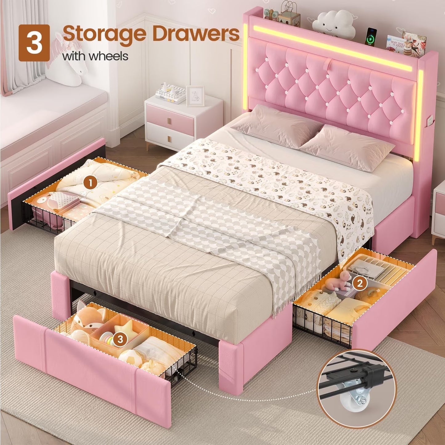 Platform Bed Twin Size with Storage Drawers and Headboard,, Twin Size Velvet Upholstered Bed with RGB Lighting and Power Outlet, No Box Spring Needed, Noise-Free, White