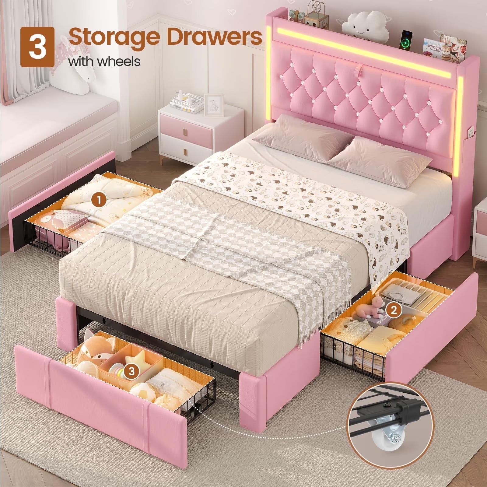 Platform Bed Twin Size with Storage Drawers and Headboard,, Twin Size Velvet Upholstered Bed with RGB Lighting and Power Outlet, No Box Spring Needed, Noise-Free, White