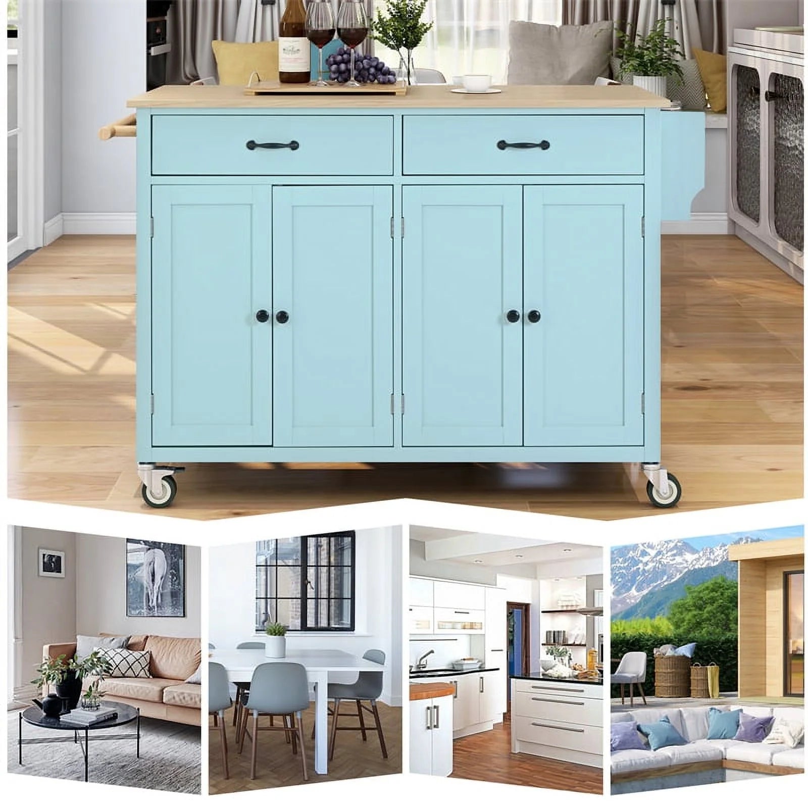 Kitchen Storage Islands& Carts with Solid Wood Top and Locking Wheels, Kitchen Island Cart with 4 Door Cabinet and Two Drawers, Kitchen Cabinets for Kitchen and Dining Room, Green
