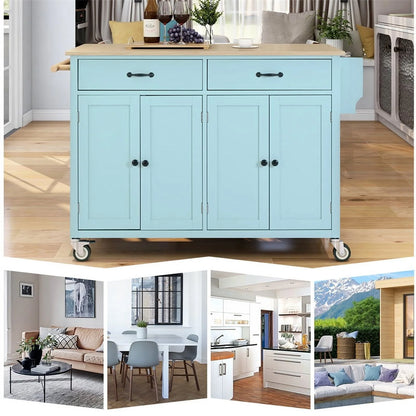 Kitchen Storage Islands& Carts with Solid Wood Top and Locking Wheels, Kitchen Island Cart with 4 Door Cabinet and Two Drawers, Kitchen Cabinets for Kitchen and Dining Room, Green
