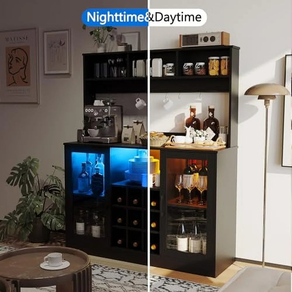 Juiluna Coffee Bar Cabinet Wine Bar Cabinet with Power Outlet, 6 Hooks,9 Wink Racks and Adjustable Shelf, Liquor Cabinet Bar with LED Light, Buffet Sideboard with Storage Shelf for Kitchen, Black
