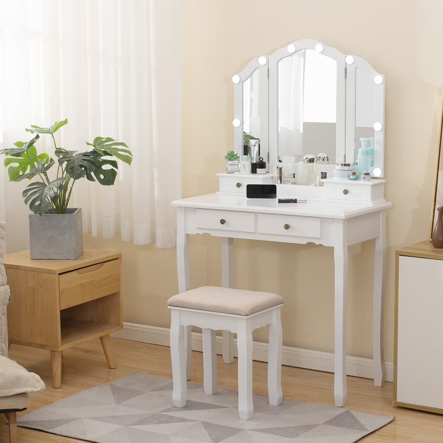 LilyFantasy Vanity Set with Mirror and Lights, Makeup Vanity for Women and Girls, Modern Make up Table and chair for Bedroom, 10 LED Light Bulbs & 3 Color Lighting Modes, White