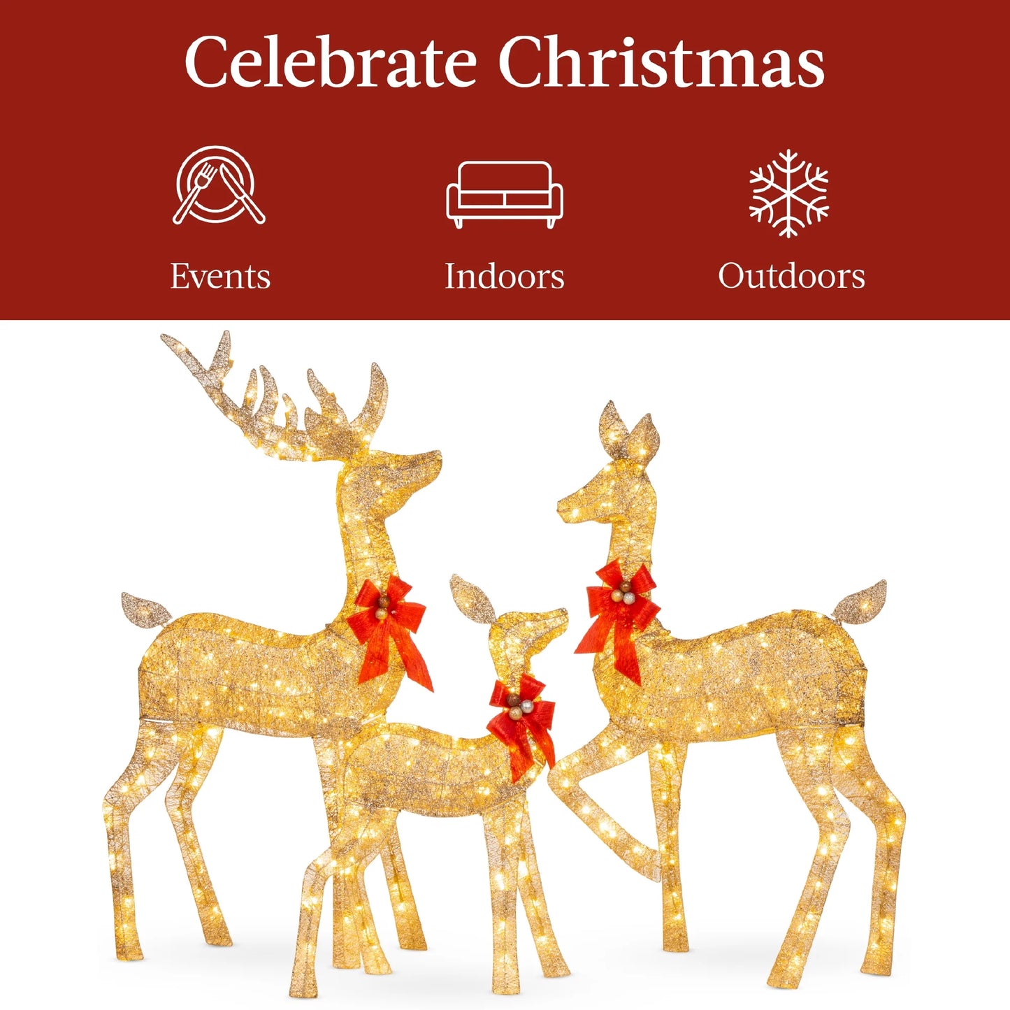 Best Choice Products 6.5ft 3-Piece Lighted Christmas Deer Set Outdoor Yard Decoration w/385 LED Lights, Stakes - Gold