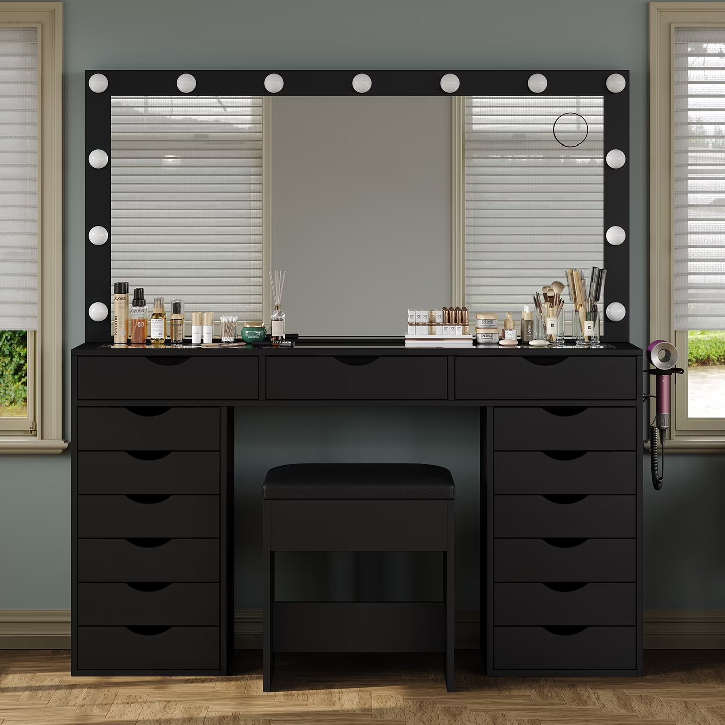 Yanosaku 15 Drawers Vanity Desk with Power Outlet, Makeup Table with Mirror and 13 LED Lights, 3 Color Lighting Modes, Brightness Adjustable, Glass Top Dressing Table, Vanity Set for Bedroom