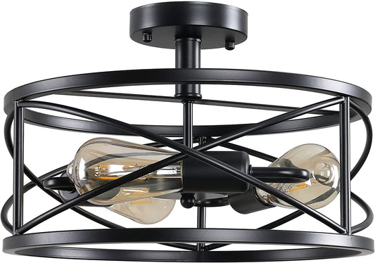 LOHASLED 3 Lights Black Vintage Retro Industrial Modern Farmhouse Lighting, Semi Flush Mount Ceiling Light Fixture with Metal Cage for Kitchen Bedroom Hallway Living Room Bathroom