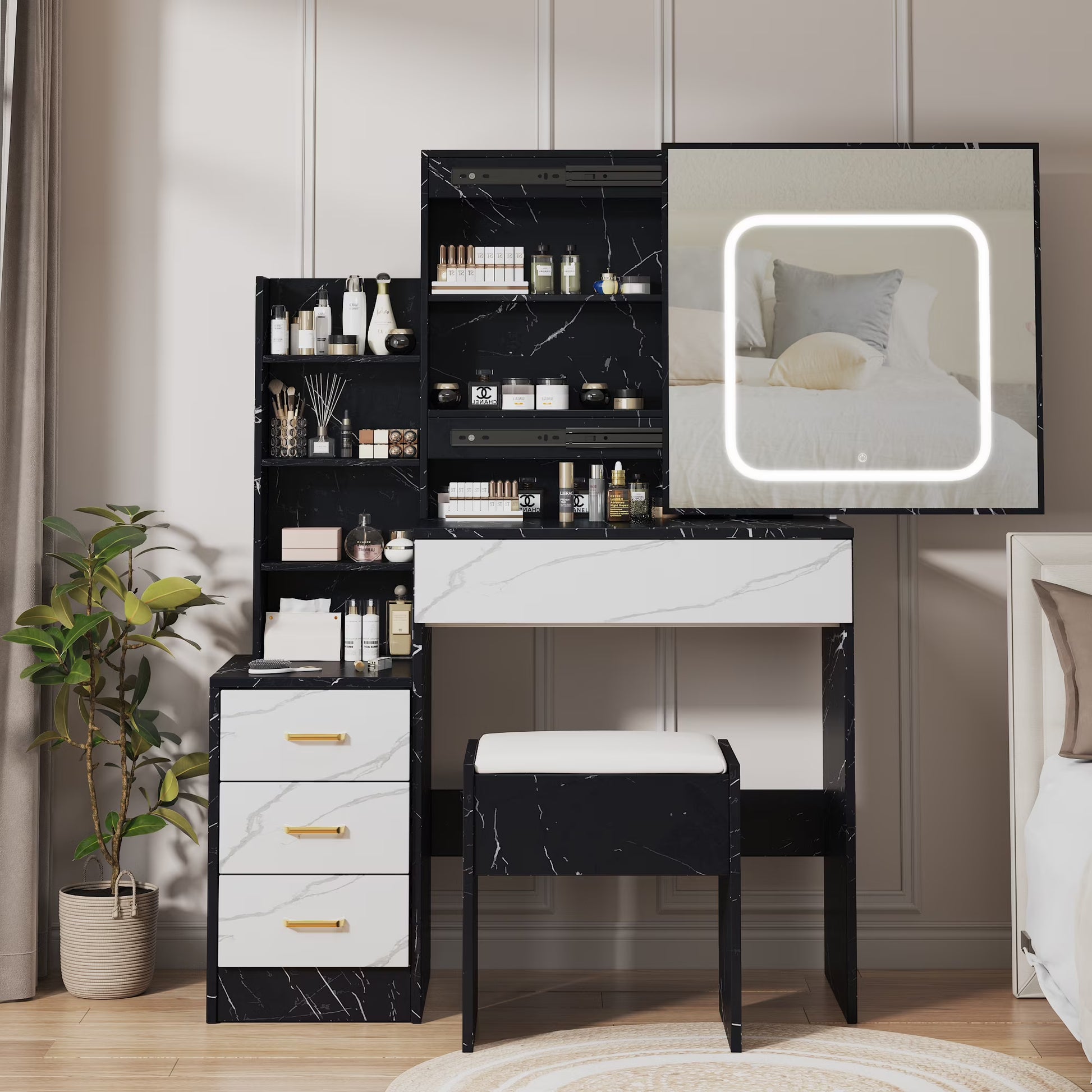 Vanity Desk with Sliding Mirror and Lights, Makeup Vanity Set with 4 Drawers, Stool, Power Outlet, Open Shelves, 3 Color Adjustable Lighting Modes, Makeup Dressing Table for Bedroom, White