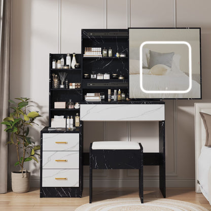 Vanity Desk with Sliding Mirror and Lights, Makeup Vanity Set with 4 Drawers, Stool, Power Outlet, Open Shelves, 3 Color Adjustable Lighting Modes, Makeup Dressing Table for Bedroom, White