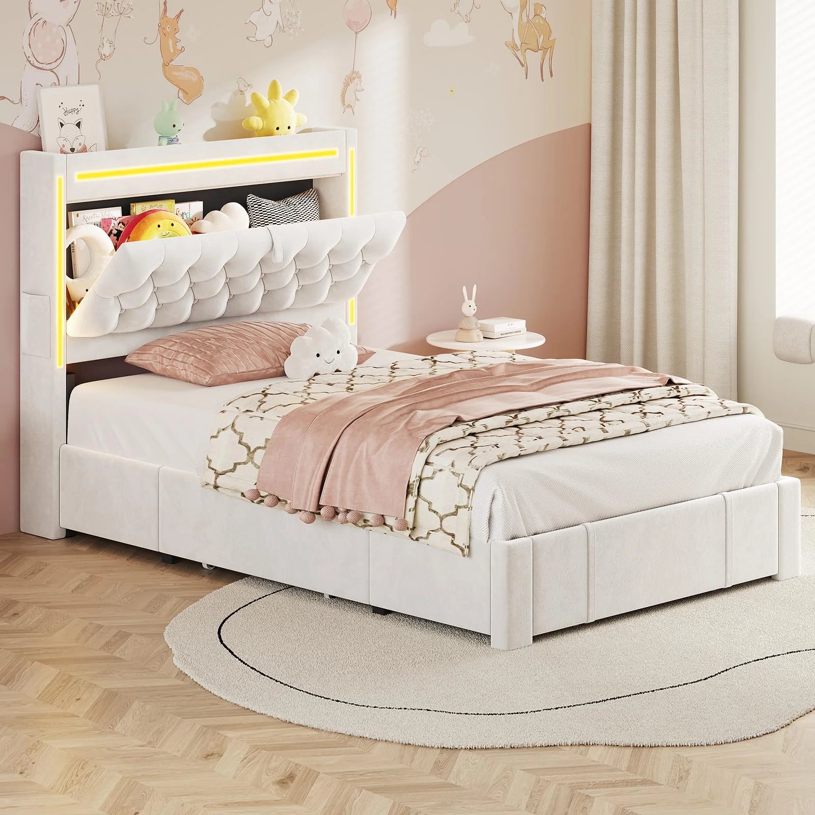 Platform Bed Twin Size with Storage Drawers and Headboard,, Twin Size Velvet Upholstered Bed with RGB Lighting and Power Outlet, No Box Spring Needed, Noise-Free, White