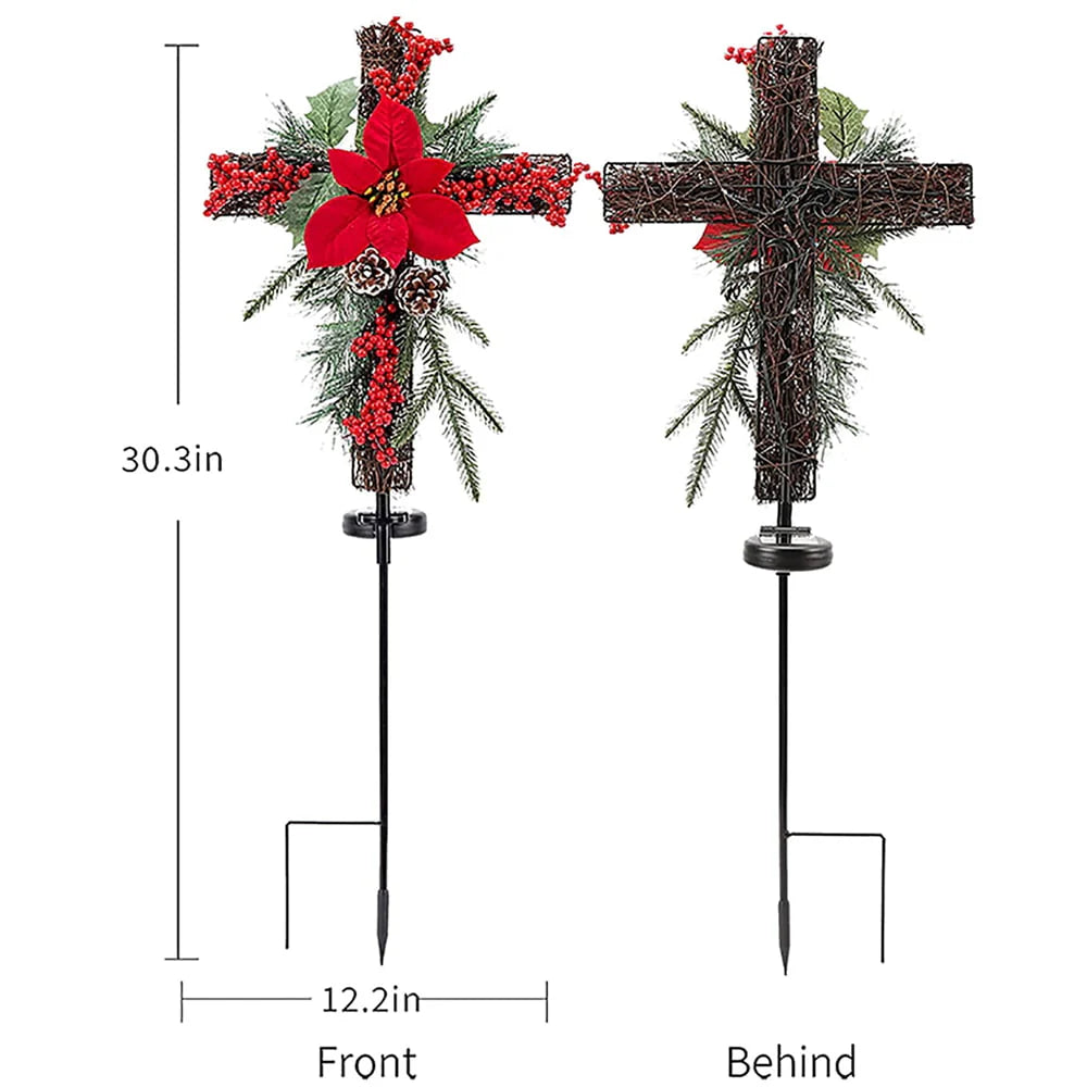 Solar Christmas Decorations Outdoor LED Lights, Xmas Waterproof Cross Stake, Cemetery Grave Decorations,Faux Pine Cones and Foliage Ornament Stakes for Garden Lawn Yard Cemetery, Set of 2