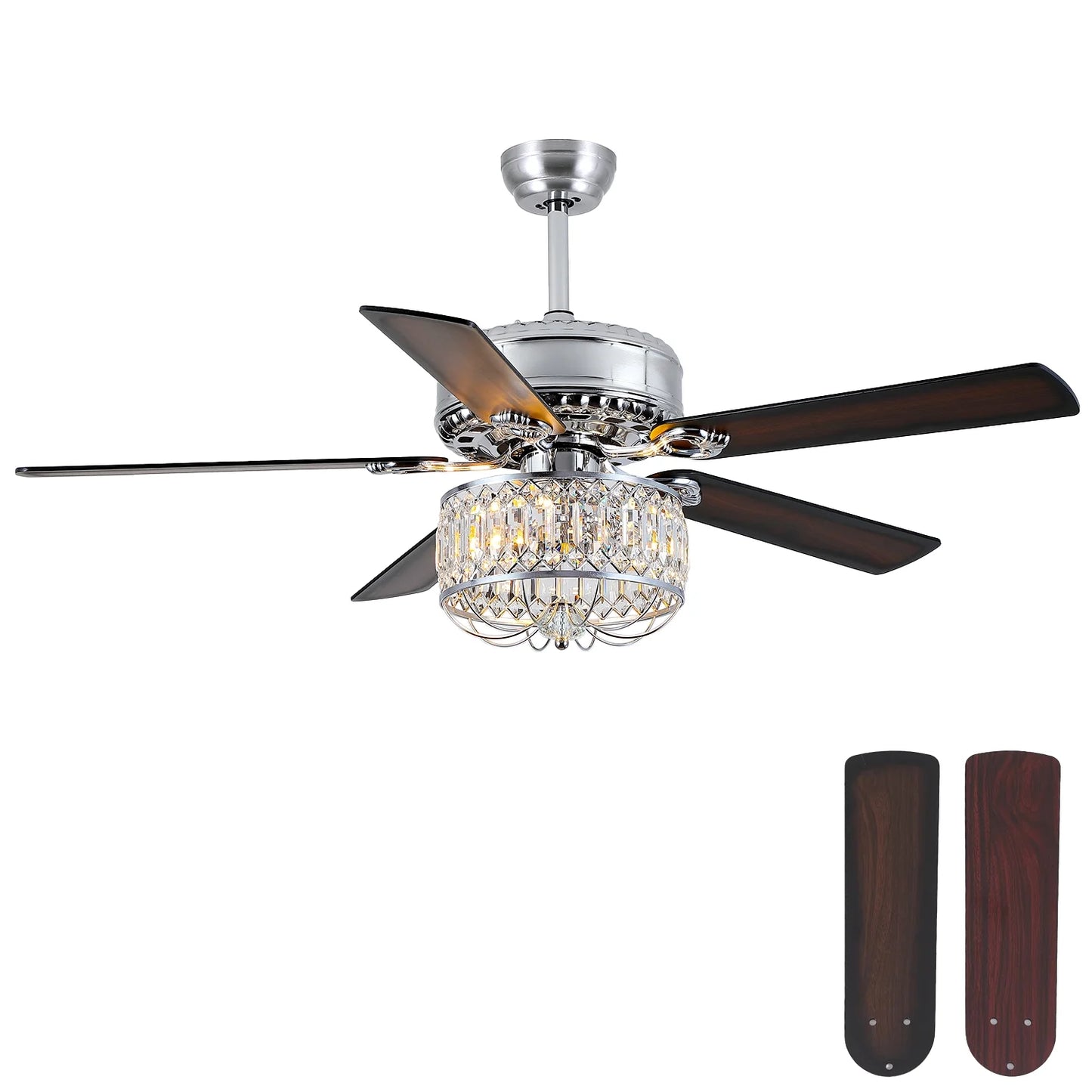 Kviflon 52" Farmhouse Ceiling Fan with Lights & Remote, Crystal Chandelier, Wood Blades, Quiet Motor, 6-Speed, Timer, Modern Lighting for Living Room, Bedroom, Dining Room, Chrome Finish