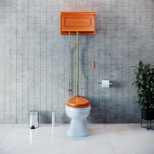 Light Oak Finish High Tank Pull Chain Toilet Wooden Raised Tank Round Top Entry White Porcelain Bowl and Brass Z Pipes Adjustable Height 59"- 74" w/Hardware Renovators Supply