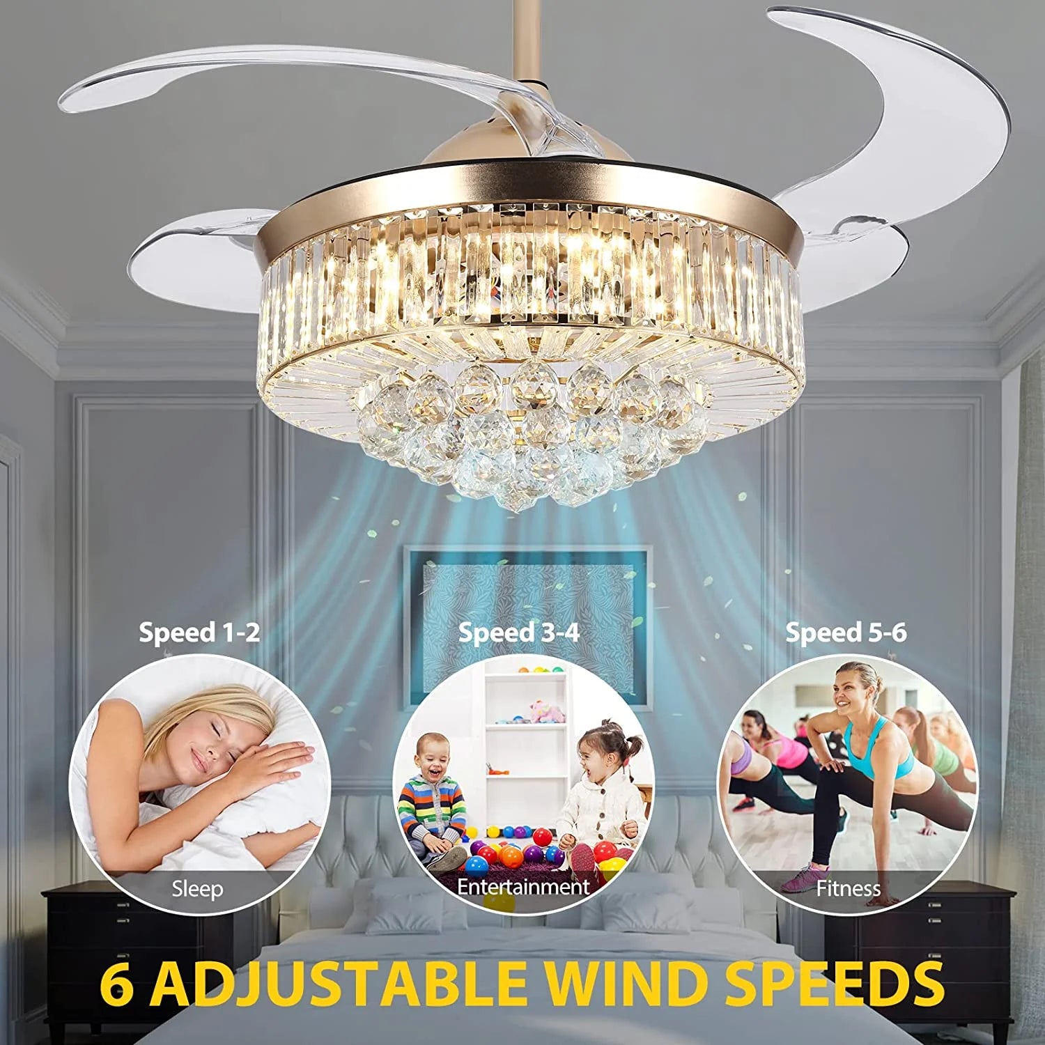 Datingday 42 Inch Crystal Ceiling Fan Golden Crystal Ceiling Fan Chandelier with Remote 6 Speeds 3 Colors Changes Lighting Fixture, 4 Blades Retractable Fans for Bedroom Living Room Dining Room