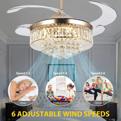 Datingday 42 Inch Crystal Ceiling Fan Golden Crystal Ceiling Fan Chandelier with Remote 6 Speeds 3 Colors Changes Lighting Fixture, 4 Blades Retractable Fans for Bedroom Living Room Dining Room