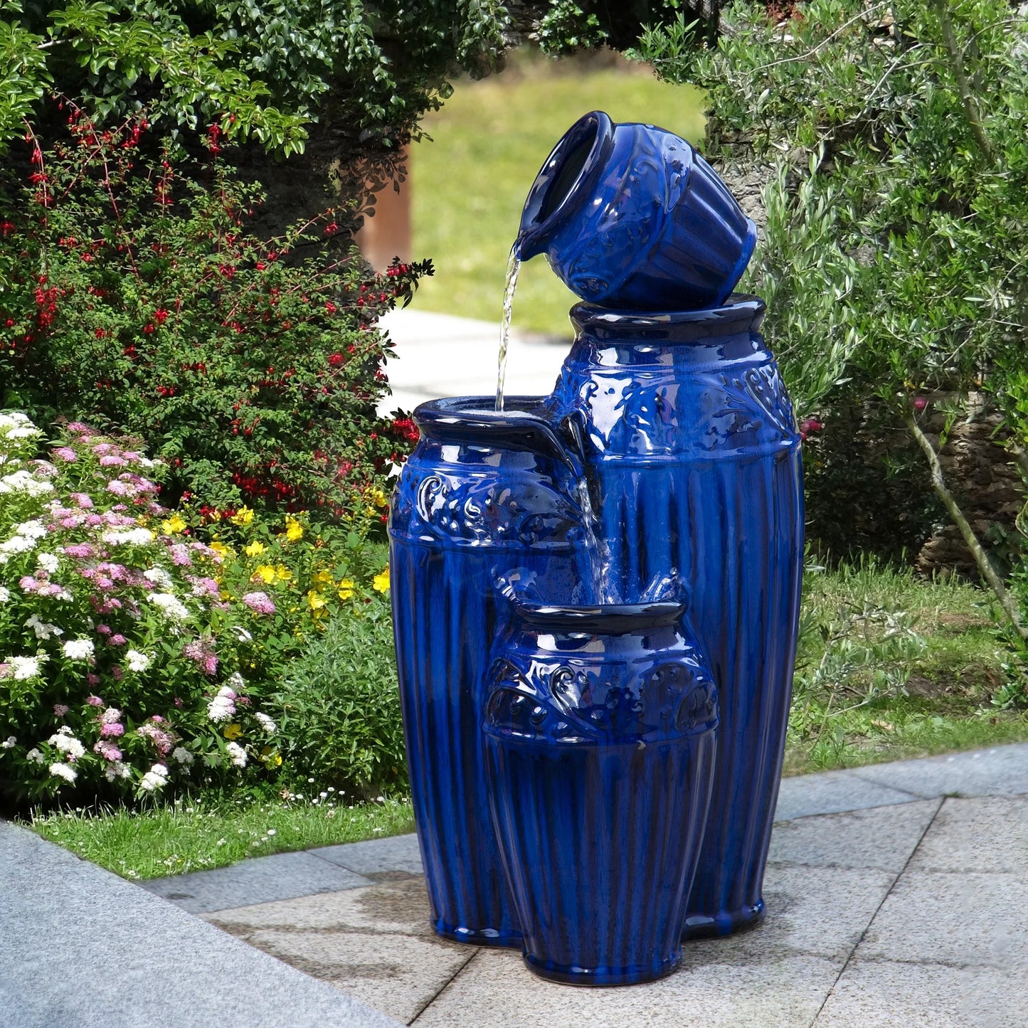 Glitzhome 27.25" 4 Tier Embossed Pattern Ceramic Pots Electrical Water Fountain with LED Light