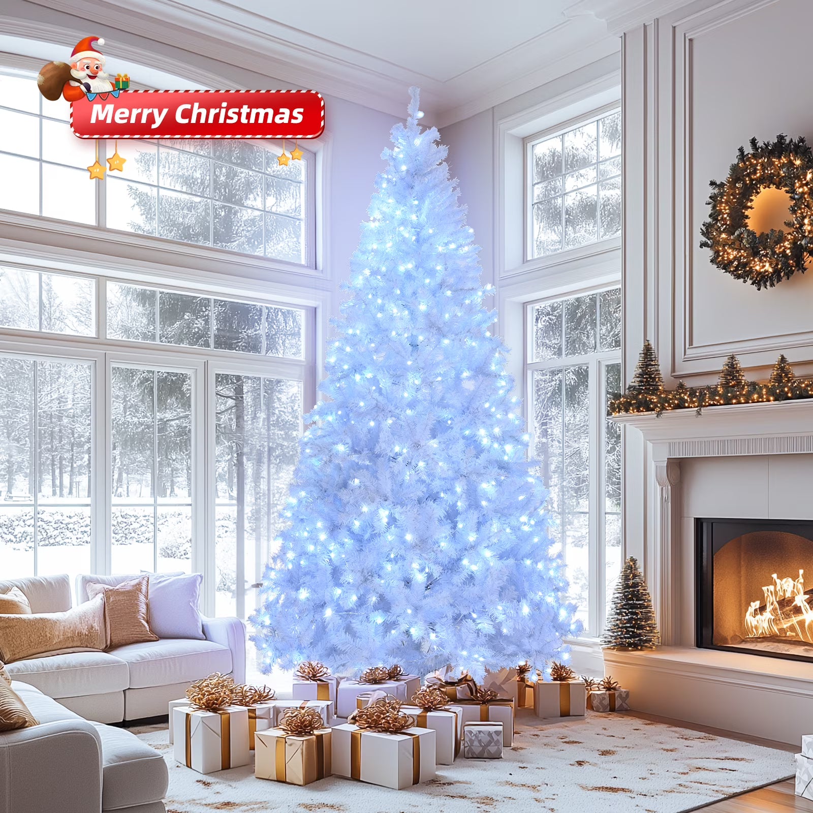 Ktaxon 9 FT Pre-Lit Christmas Tree, Hinged Xmas Pine Tree with 2000 Branch Tips, 650 Lights and Remote Control for Holiday Party Office Home, White