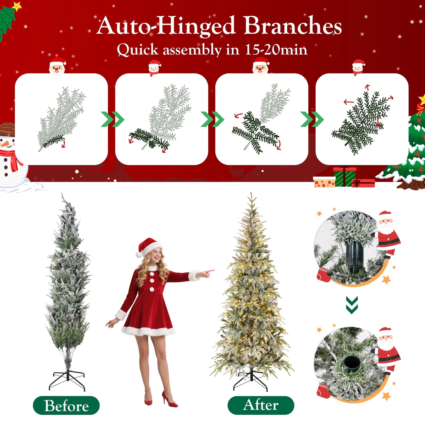 Qunler 7ft Pre-lit Snow Flocked Artificial Christmas Tree with 300 Warm Lights 8 Modes, 700 PE+PVC Snowy Branches, White