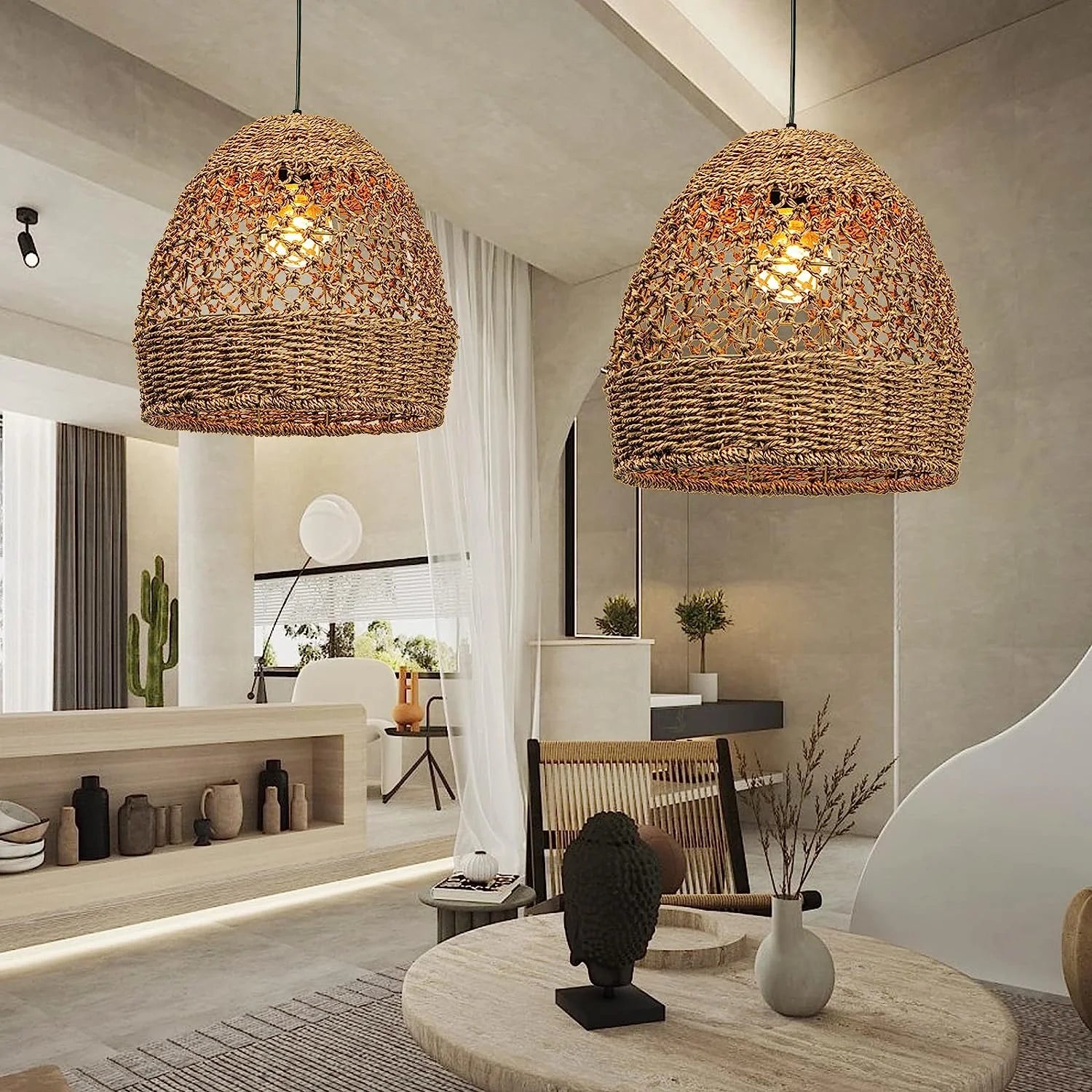 Arturesthome Creative Seagrass Pendant Lamp Rattan Lampshade Handmade Weave Lighting Modern Hanging Ceiling Light Fixture for Cafe Bar