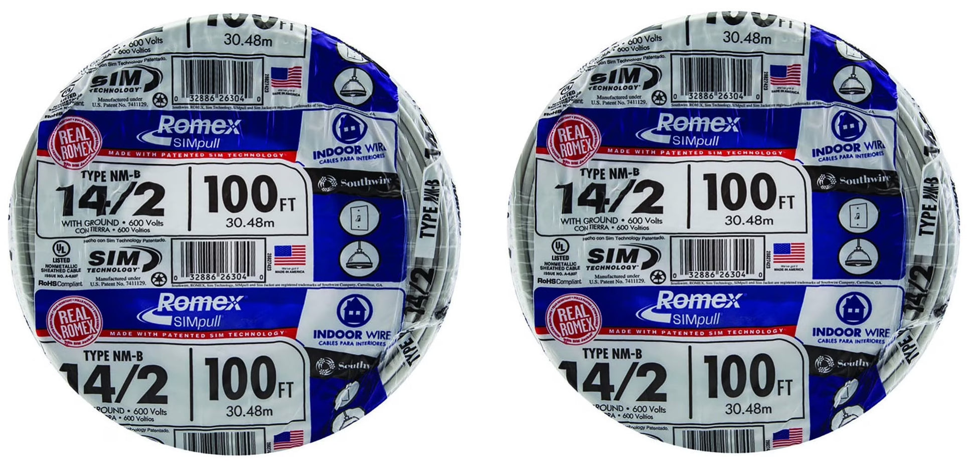 Southwire 100' 14/2 w ground Romex brand SIMpull residential indoor electrical wire type NM-B 28827423, White
