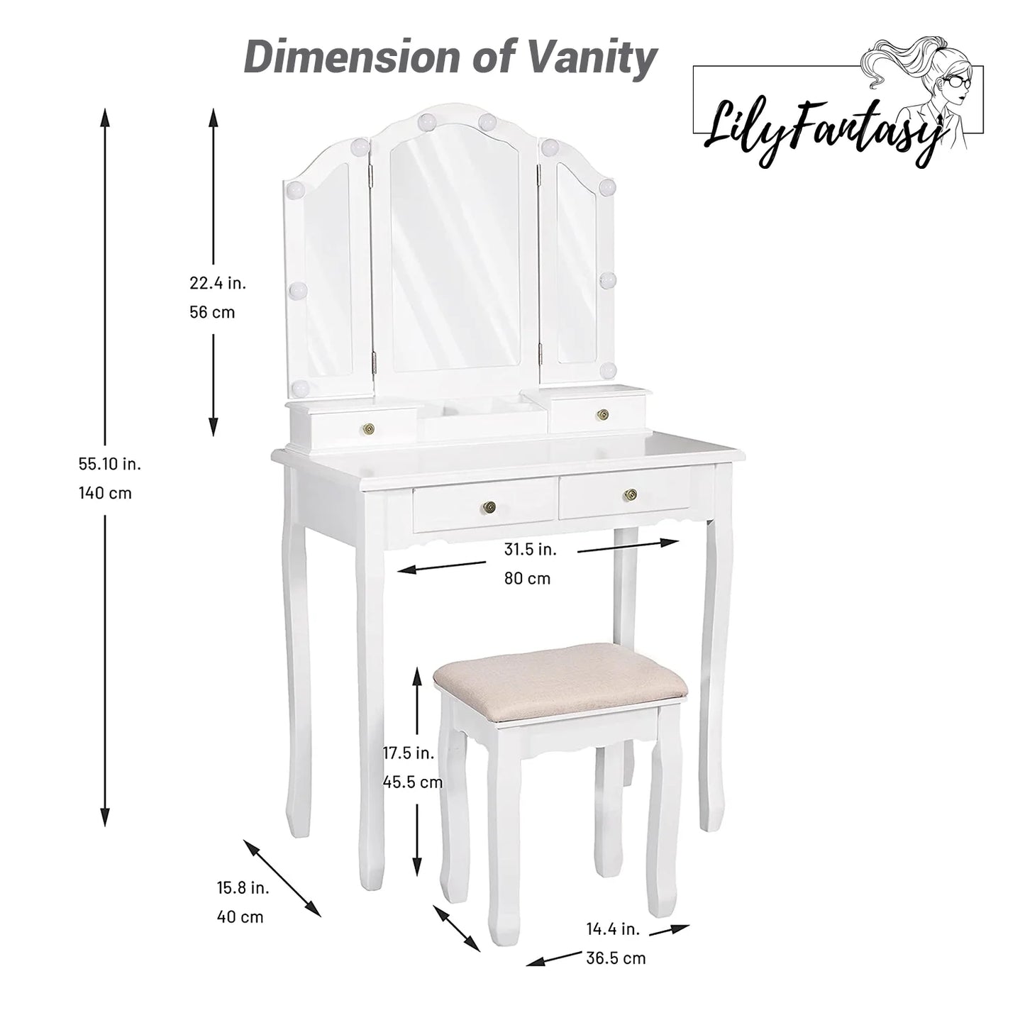 LilyFantasy Vanity Set with Mirror and Lights, Makeup Vanity for Women and Girls, Modern Make up Table and chair for Bedroom, 10 LED Light Bulbs & 3 Color Lighting Modes, White