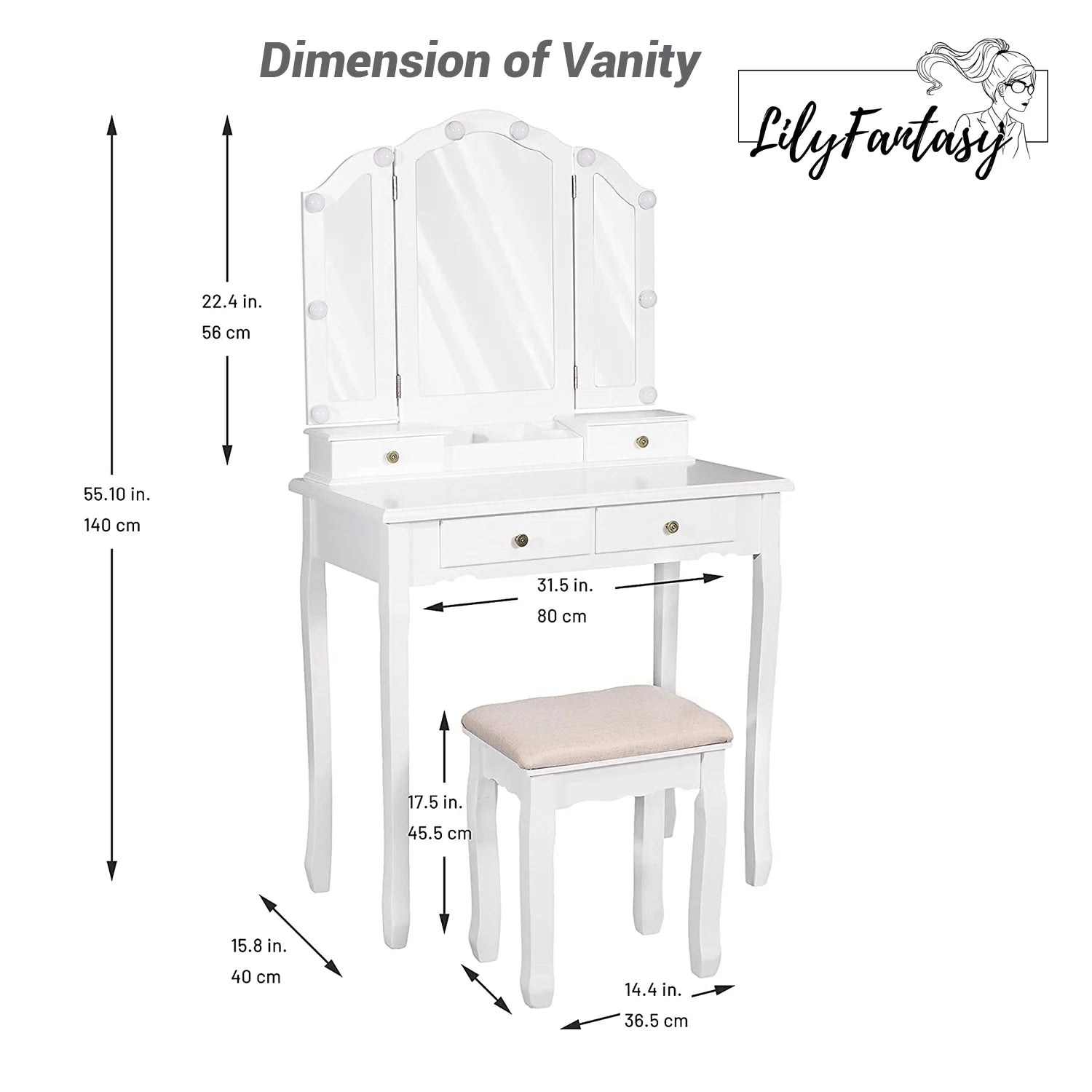 LilyFantasy Vanity Set with Mirror and Lights, Makeup Vanity for Women and Girls, Modern Make up Table and chair for Bedroom, 10 LED Light Bulbs & 3 Color Lighting Modes, White