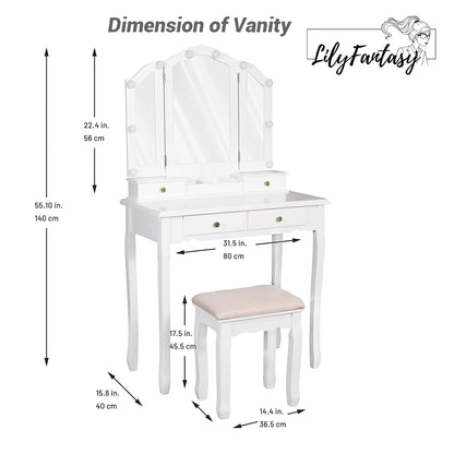 LilyFantasy Vanity Set with Mirror and Lights, Makeup Vanity for Women and Girls, Modern Make up Table and chair for Bedroom, 10 LED Light Bulbs & 3 Color Lighting Modes, White
