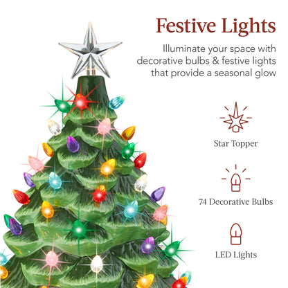 Best Choice Products 24in X-Large Pre-Lit Ceramic Christmas Tree Decor w/74 Multicolor Bulbs, LED Light - Green