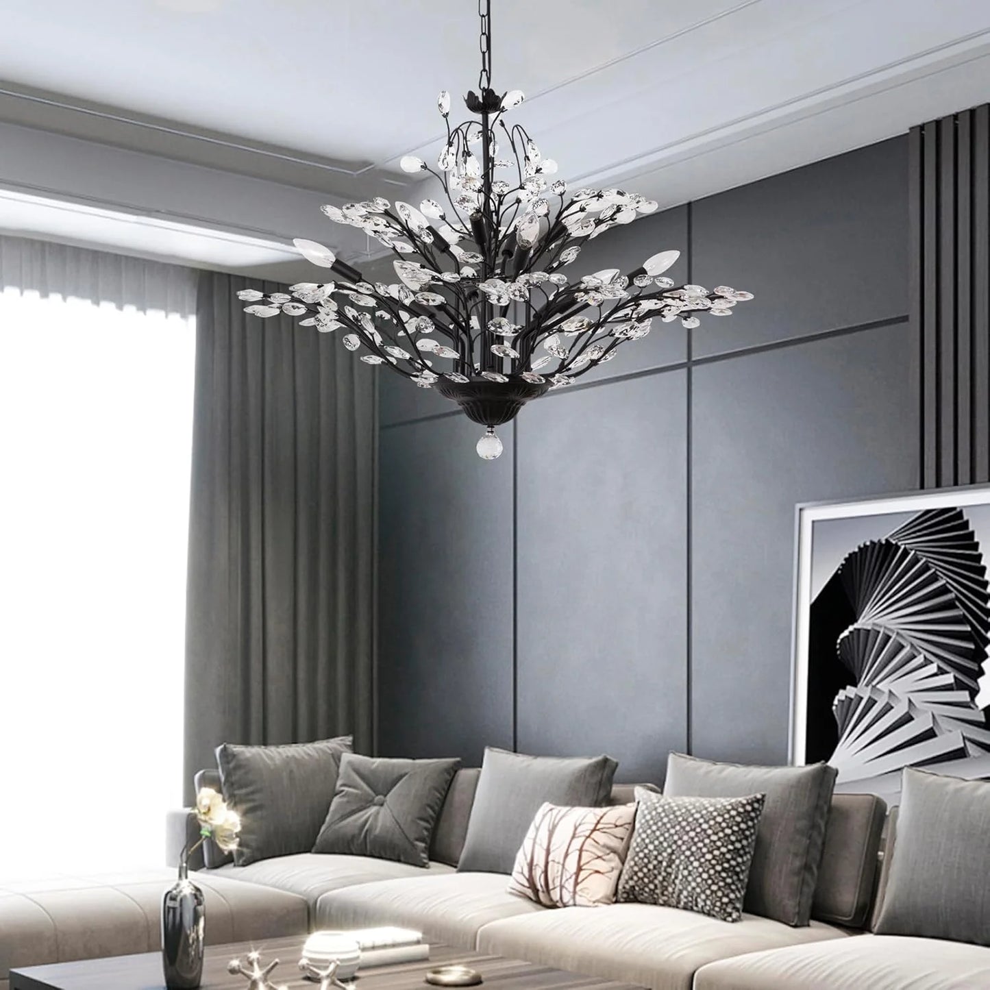 Maxax 4 Lights Semi Flush Mount Crystal Chandelier, Modern K9 Ceiling Light Fixtures, Adjustable Hanging Pendant Lighting, E12 Ceiling Light for Entry Way, Dinning Room, Living Room, Bedroom, Black
