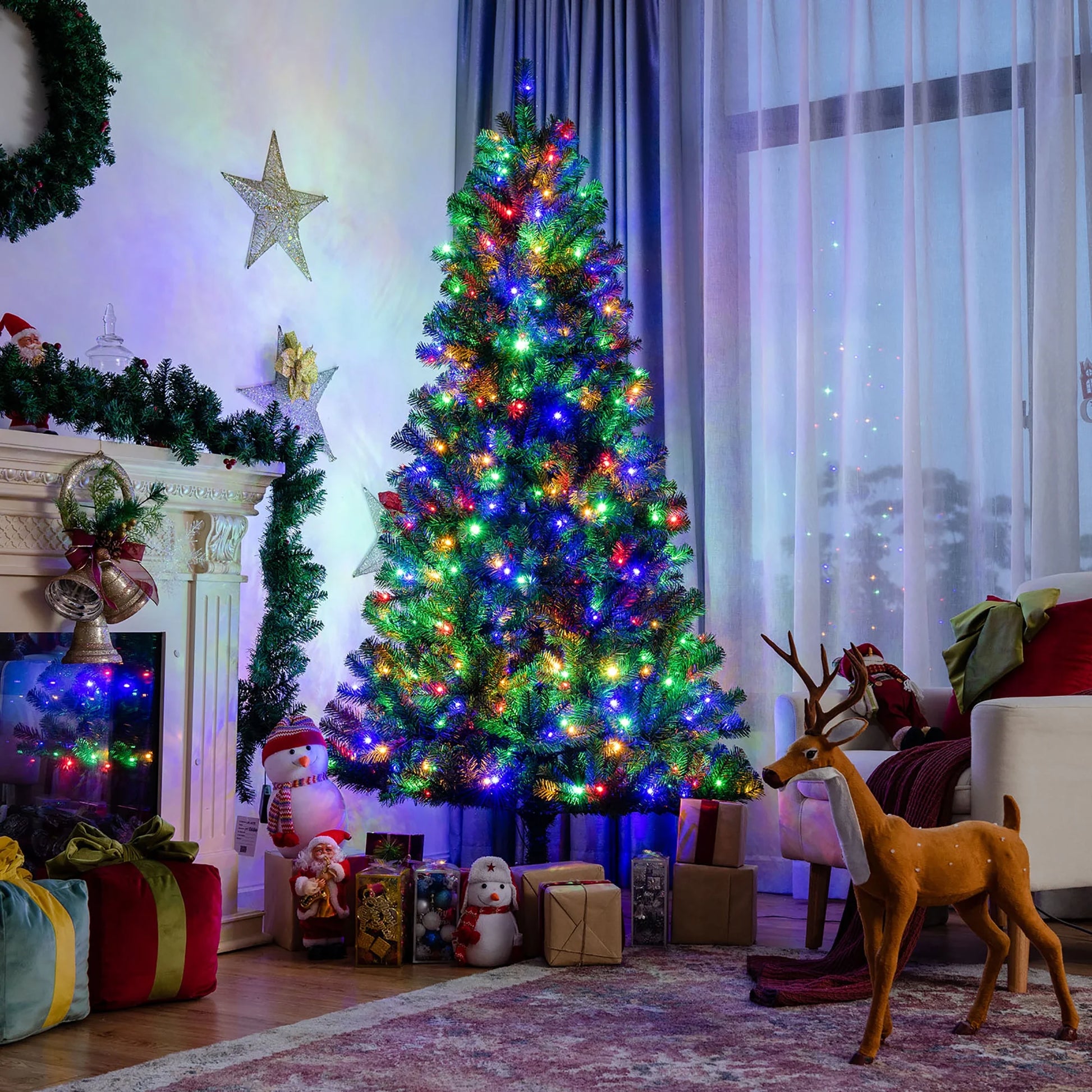 Costway 7ft Pre-lit Hinged Christmas Tree w/Remote Control & 9 Lighting Modes