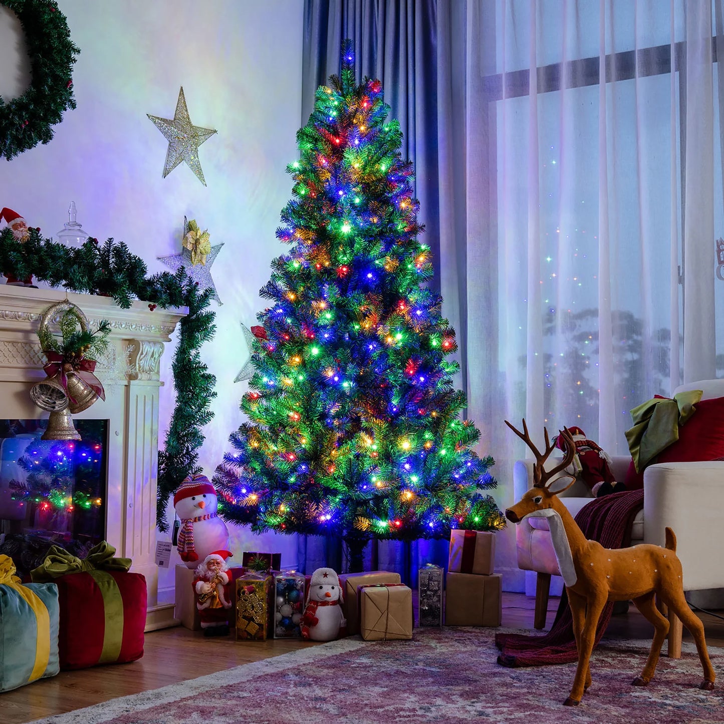 Costway 7ft Pre-lit Hinged Christmas Tree w/Remote Control & 9 Lighting Modes
