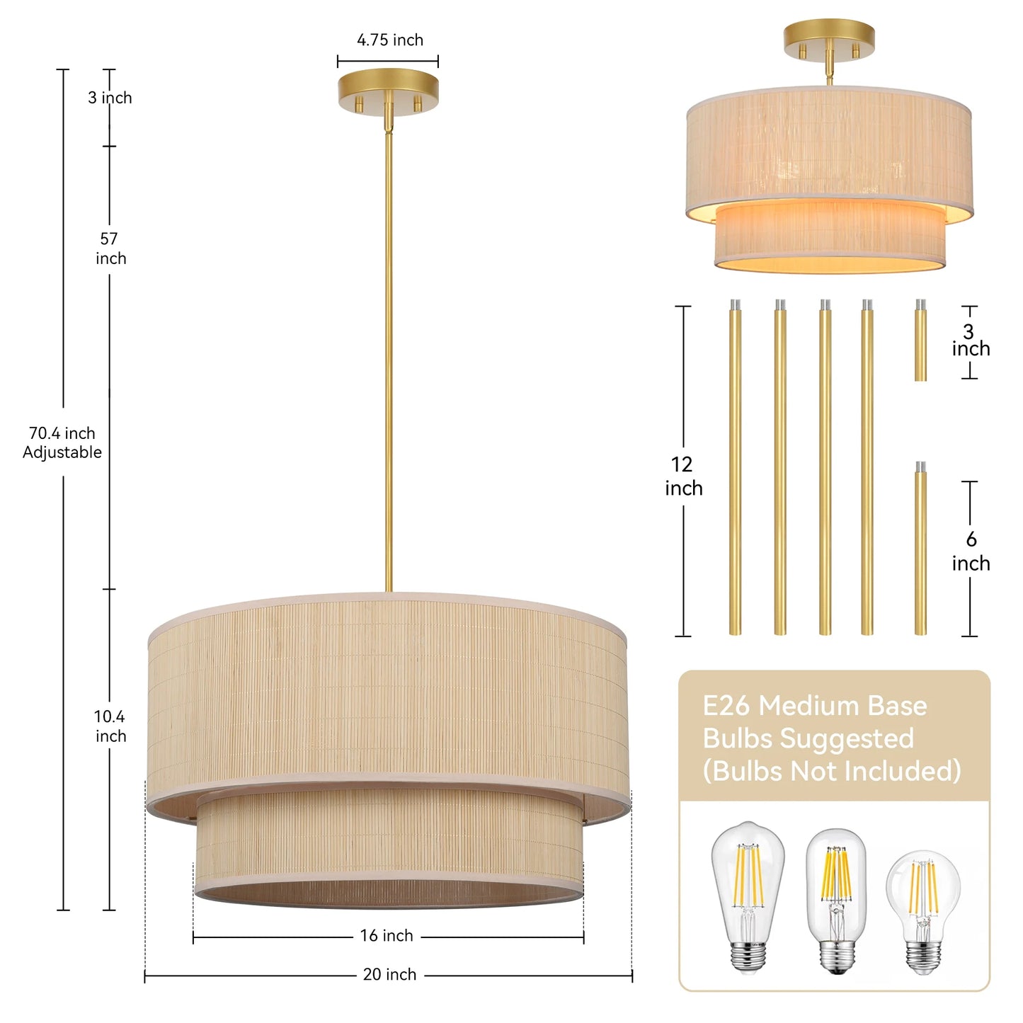 Prime Ray 20 in. 4-Light Natural Rattan Tiered Drum Pendant Chandelier Light with Gold Hardware