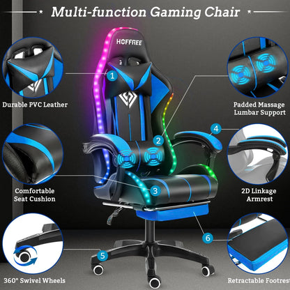 Hoffree Gaming Chair with Massage Office Chair Ergonomic Gamer Chair with LED Light Adjustable Headrest Lumbar Support Footrest Swivel High Back Computer Chair for Adults Teens Christmas,Xmas Gift