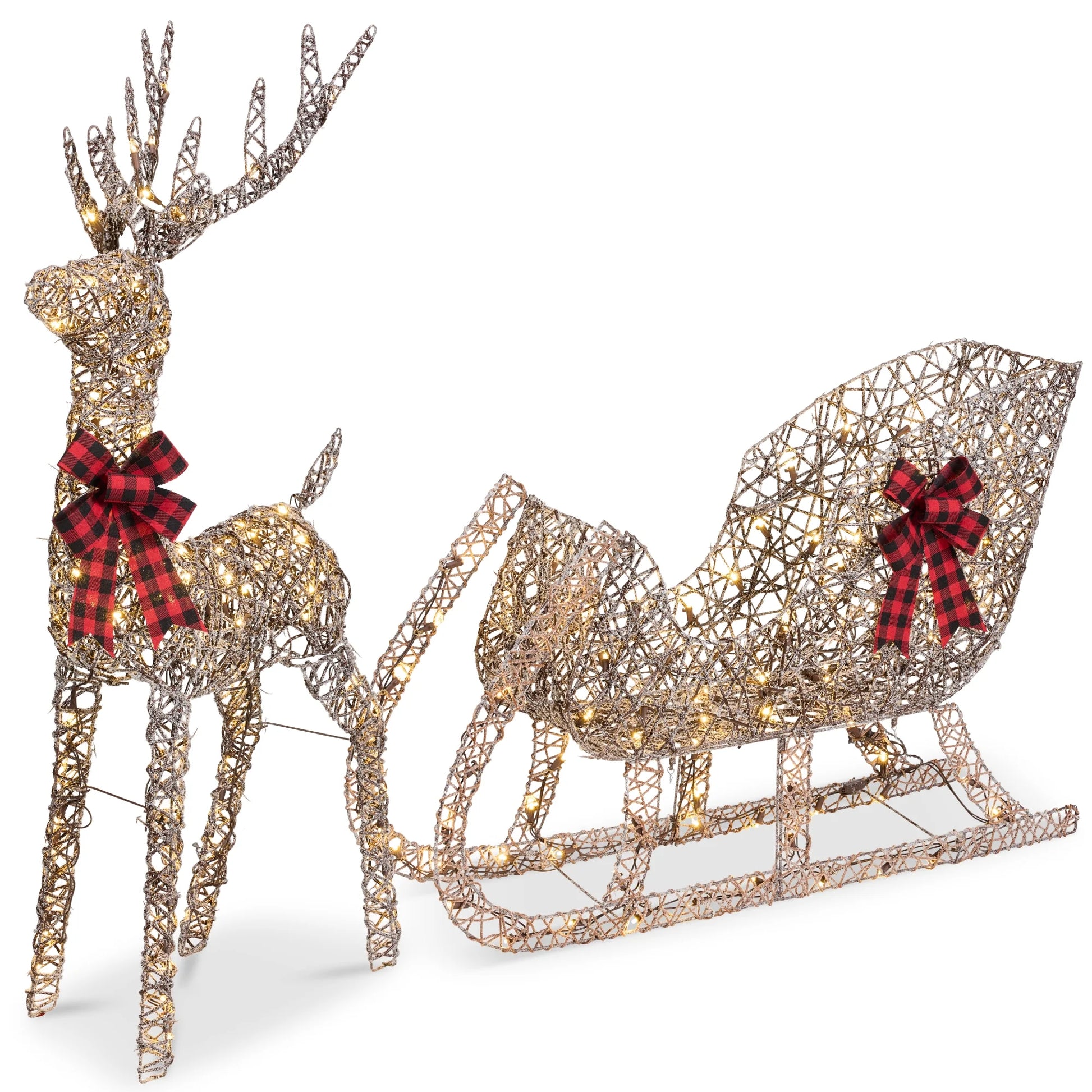 Best Choice Products Lighted Christmas 4ft Reindeer & Sleigh Holiday Outdoor Decor Set w/205 LED Lights, Stakes - Gold