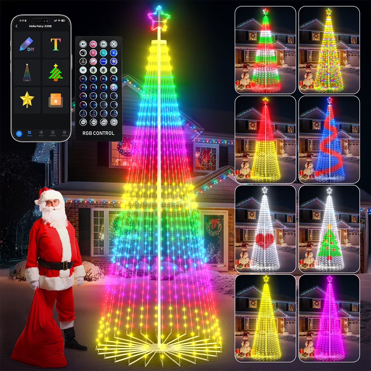 8FT 191 LED Christmas Cone Tree Smart Light with 58 Modes DIY Timer Remote Dimmable Artificial Christmas Tree for Porch Yard Patio Indoor Outdoor Xmas Holiday Decor
