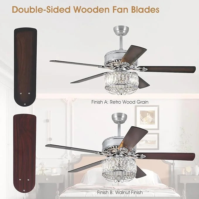 Kviflon 52" Farmhouse Ceiling Fan with Lights & Remote, Crystal Chandelier, Wood Blades, Quiet Motor, 6-Speed, Timer, Modern Lighting for Living Room, Bedroom, Dining Room, Chrome Finish