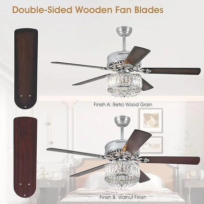 Kviflon 52" Farmhouse Ceiling Fan with Lights & Remote, Crystal Chandelier, Wood Blades, Quiet Motor, 6-Speed, Timer, Modern Lighting for Living Room, Bedroom, Dining Room, Chrome Finish