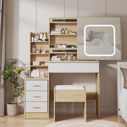 Vanity Desk with Sliding Mirror and Lights, Makeup Vanity Set with 4 Drawers, Stool, Power Outlet, Open Shelves, 3 Color Adjustable Lighting Modes, Makeup Dressing Table for Bedroom, White