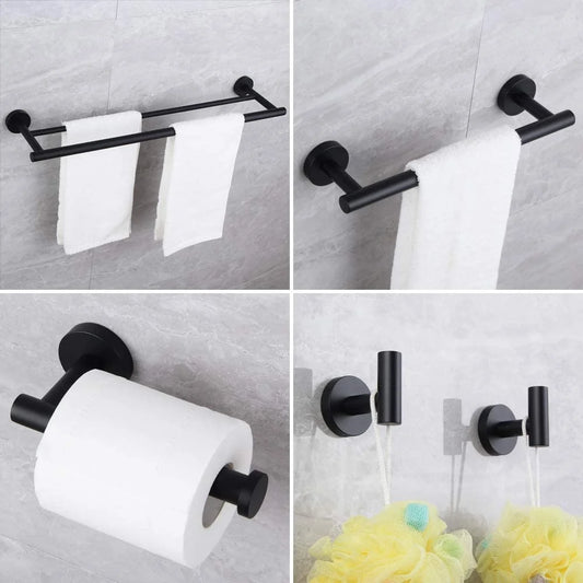 Matte Black Bathroom Accessories Kit 5-Pieces Bathroom Hardware Set Wall Mounted - Includes 24" Double Towel Bar, 12" Hand Towel Bar, Toilet Paper Holder, 2X Robe Towel Hooks ...