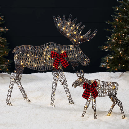 Best Choice Products 4ft 2-Piece Lighted 2D Christmas Moose Set Outdoor Decor w/125 LED Lights, Stakes - Rattan
