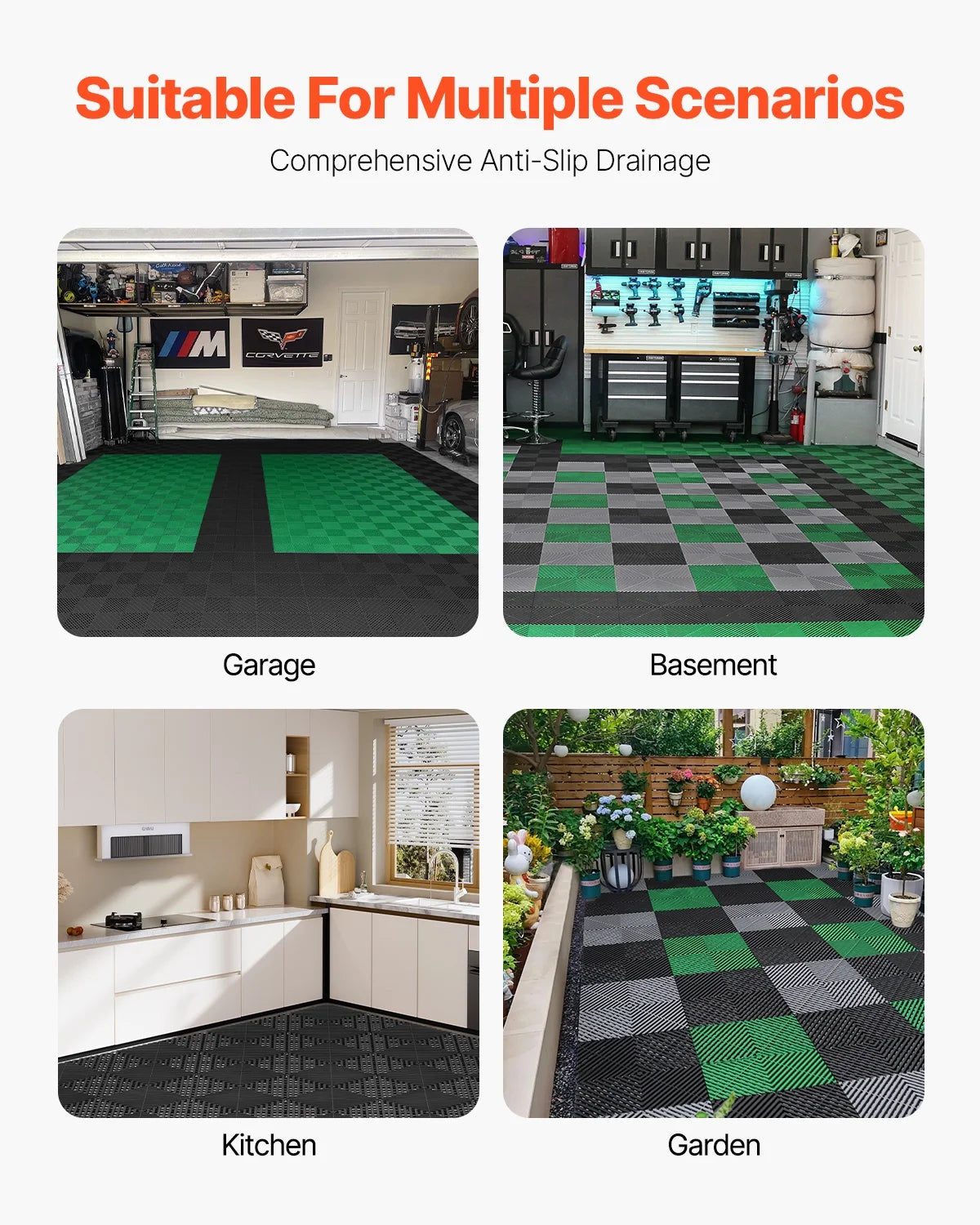KFFKFF Drainage Floor Mat Set, 12? x 12? Modular Interlocking Padding, Set of 55 Connectable Drainage Mats, Slip-Resistant Black PP Drainage Floor and Bath Mat, Suitable for Garage, Garden