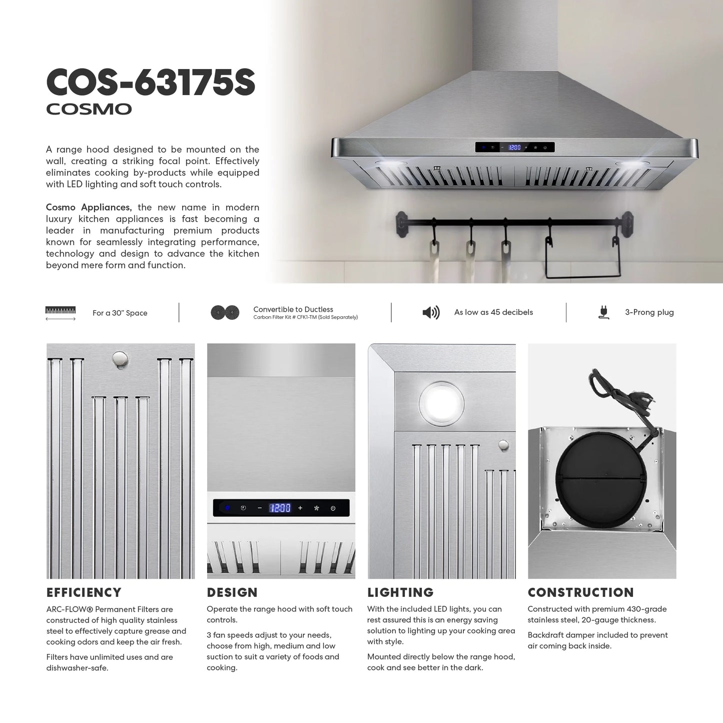 Cosmo 30 in. Ducted Range Hood in Stainless Steel with Touch Controls, LED Lighting and Permanent Filters