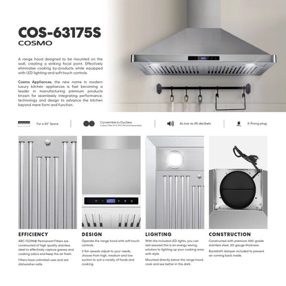 Cosmo 30 in. Ducted Range Hood in Stainless Steel with Touch Controls, LED Lighting and Permanent Filters