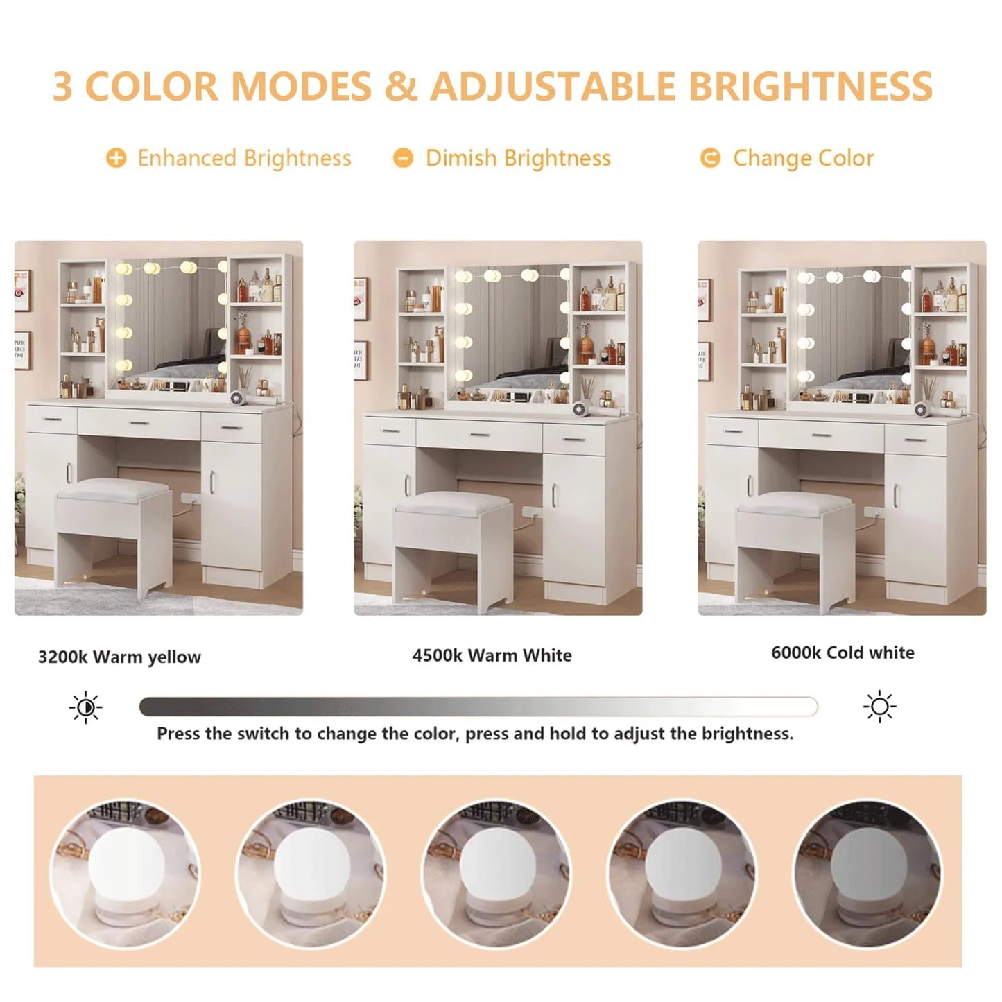 Veanerwood Large Makeup Vanity Set with Lights, White Bedroom Makeup Vanity Table with Storage, 3 Adjustable Lighting Colors, Modern, 45.2in