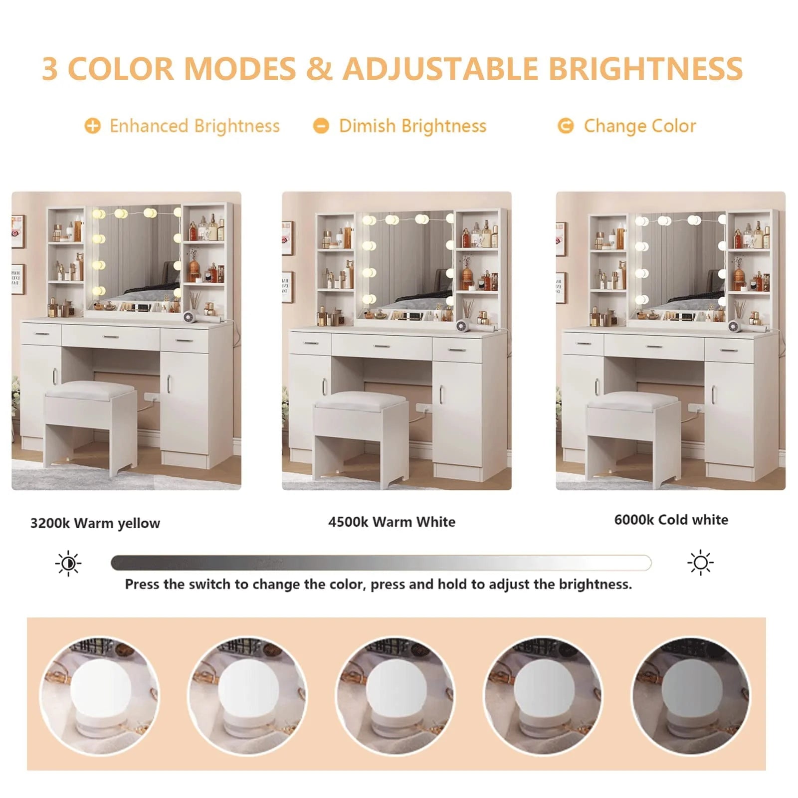 Veanerwood Large Makeup Vanity Set with Lights, White Bedroom Makeup Vanity Table with Storage, 3 Adjustable Lighting Colors, Modern, 45.2in
