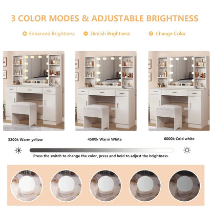 Veanerwood Large Makeup Vanity Set with Lights, White Bedroom Makeup Vanity Table with Storage, 3 Adjustable Lighting Colors, Modern, 45.2in