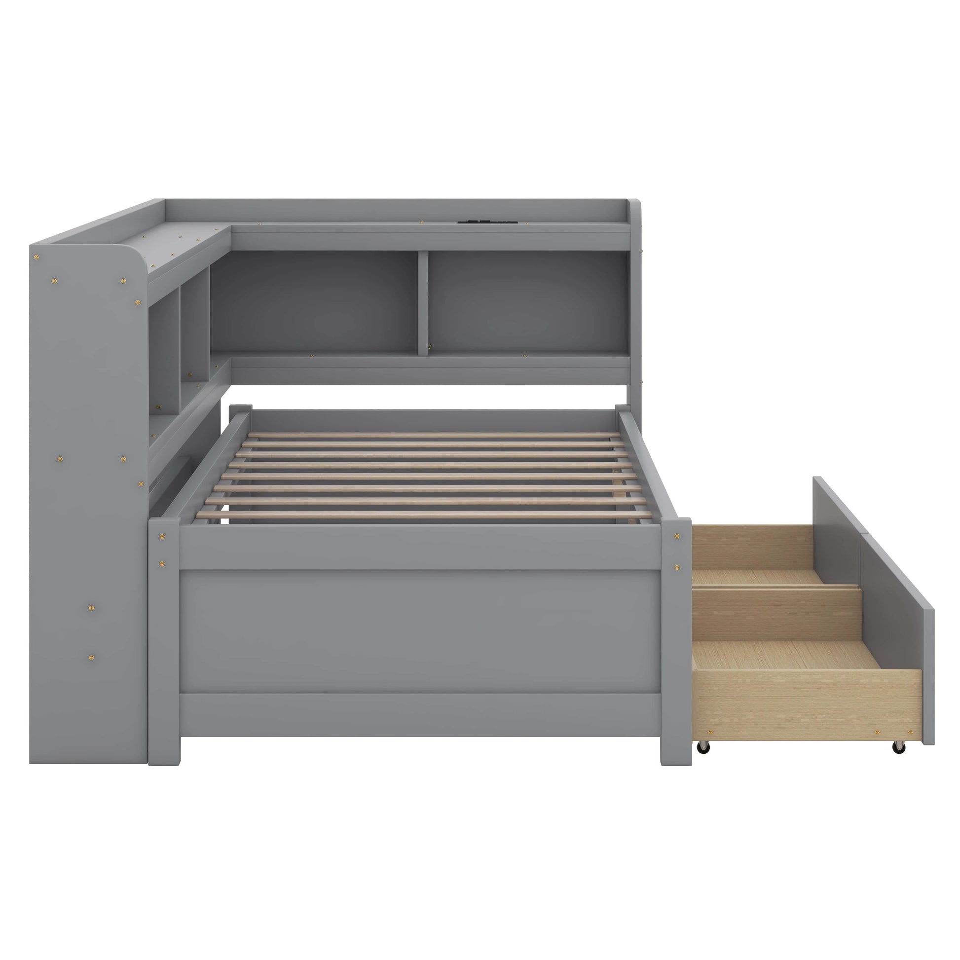 BEBPILOO Twin Size L-Shaped Bookcase Bed with Electrical Outlet, USB Charging Port, Two Drawers, Gray