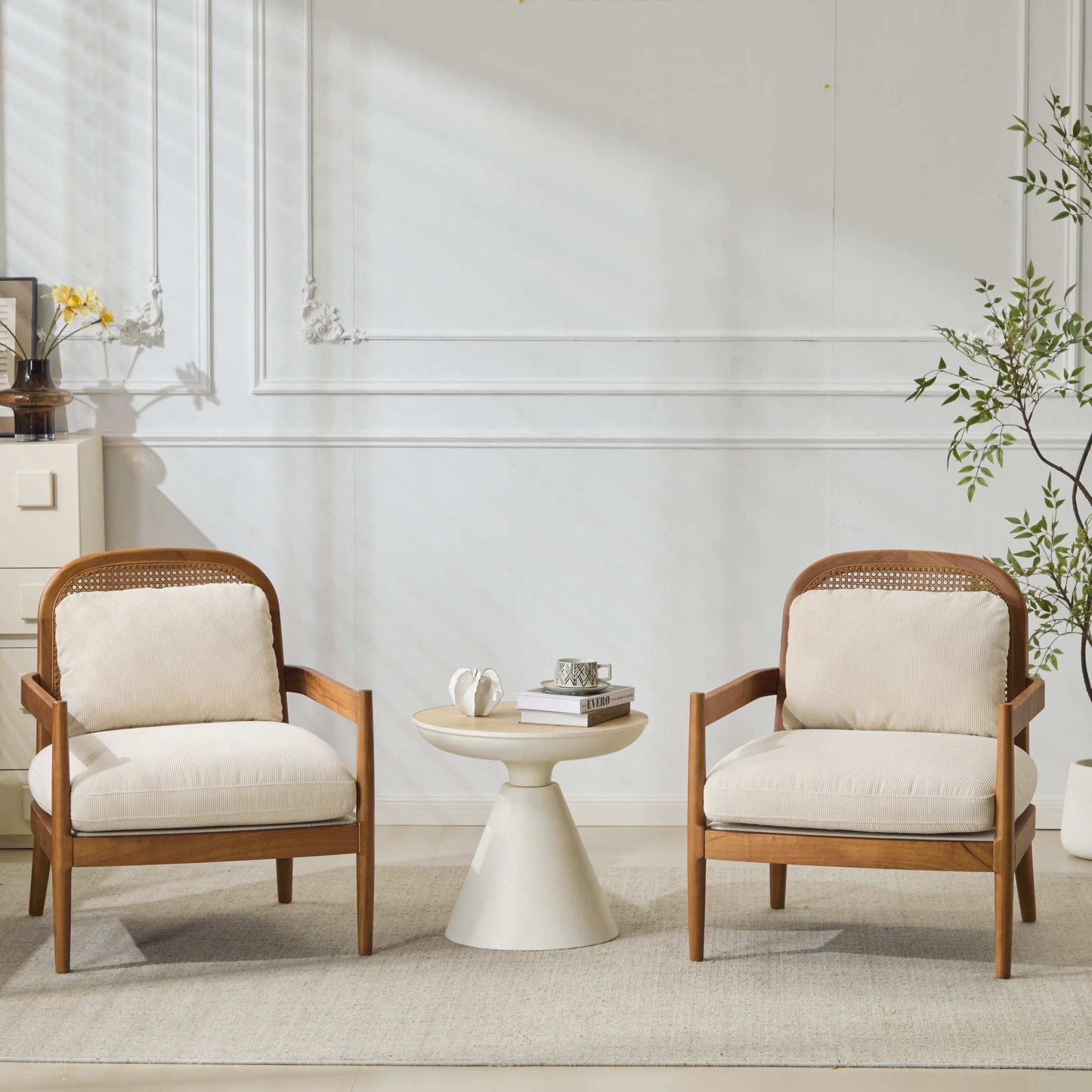 Christopher Knight Home Mid-Century Modern Accent Chairs, Wood Frame with Rattan Backrest, Grayish Green, Set of 2