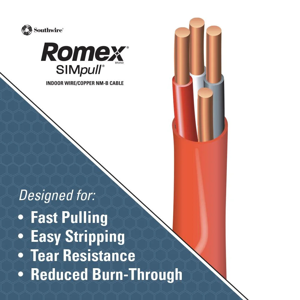 Southwire 63948426 100' 10/3 with ground Romex brand SIMpull residential indoor electrical wire type NM-B Orange