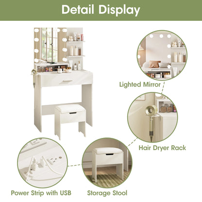 VEANERWOOD Makeup Vanity Table with Lighted Mirror & Power Strip, White Vanity Set with Large Storage, 3 Lighting Modes, 31.5 inch, White
