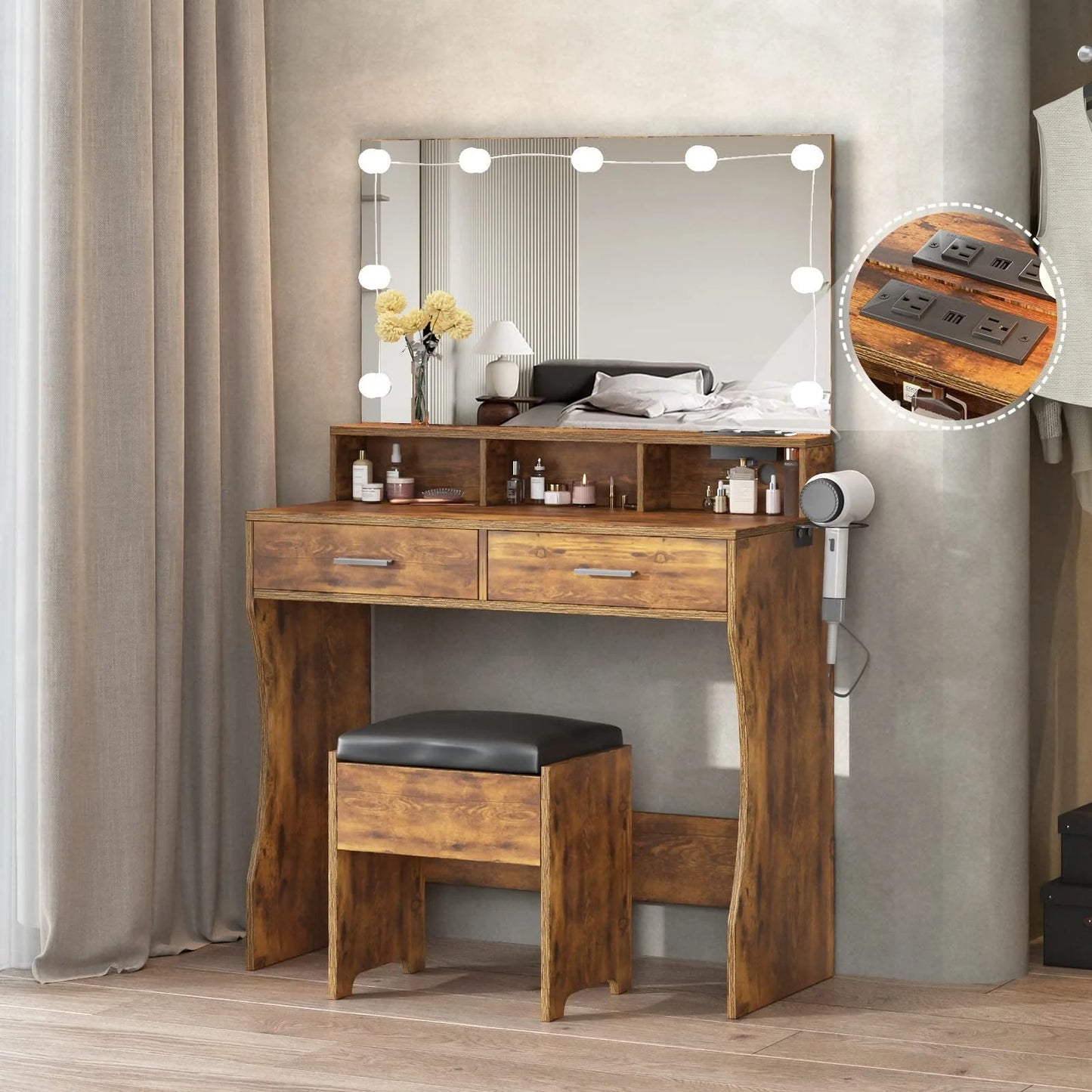Veanerwood 31.5in Makeup Vanity Table with Lighted Mirror & Power Strip, Vanity Desk Set with Hair Dryer Holder, 3 Lighting Colors, White Finish